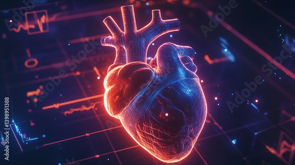 Fototapeta Digital Wireframe of Human Heart with Biomedical Signal Visualizations