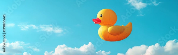 Fototapeta Rubber duck floating in the sky like a hot air balloon, calm clouds passing by 