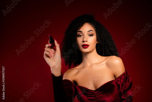 Fototapeta Flirty chic attractive girl flirting using lipstick writing on air text wear red rich gown
