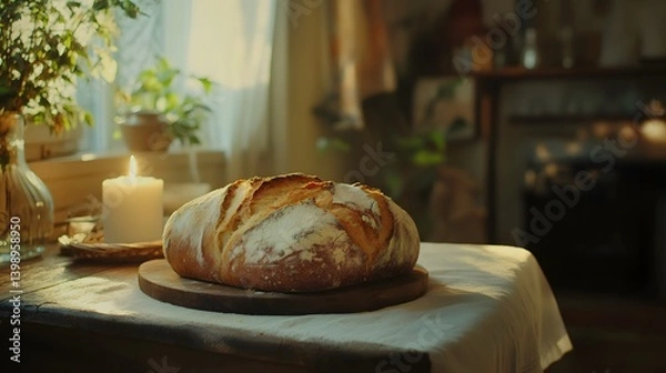 Fototapeta A freshly baked loaf of bread sits on a wooden serving board on a table with a candle, with a window with sunlight and plants and a cozy kitchen interior visible in the background.