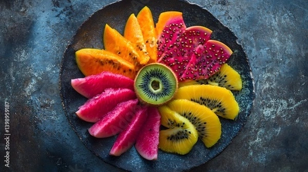 Obraz A vibrant and colorful display of assorted fresh fruit arranged on a plate. The fruits are sliced into attractive shapes, making the presentation inviting and appetizing