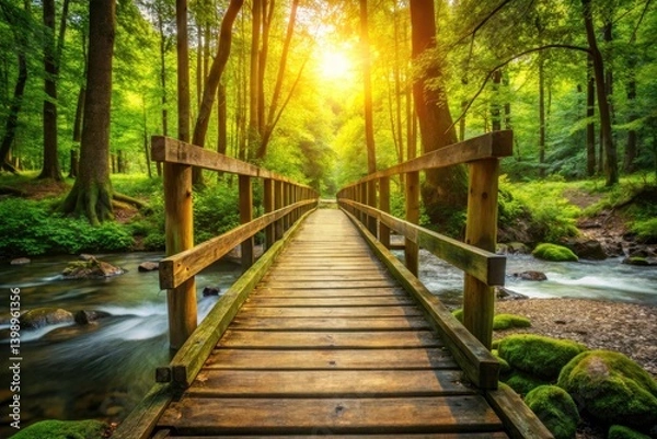 Fototapeta Majestic Forest Footbridge: High-Resolution Photo of Wooden Bridge in Lush Woodland