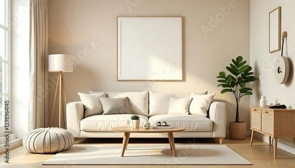 Fototapeta Interior design of living room with mock up poster frame, sofa, glass coffee table, beige wall, pouf, rattan sideboard created with generative ai
