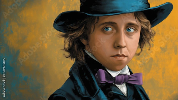 Obraz Artistic portrait of young Lewis Carroll in vintage attire and top hat, imaginative classic author illustration with warm textured background
