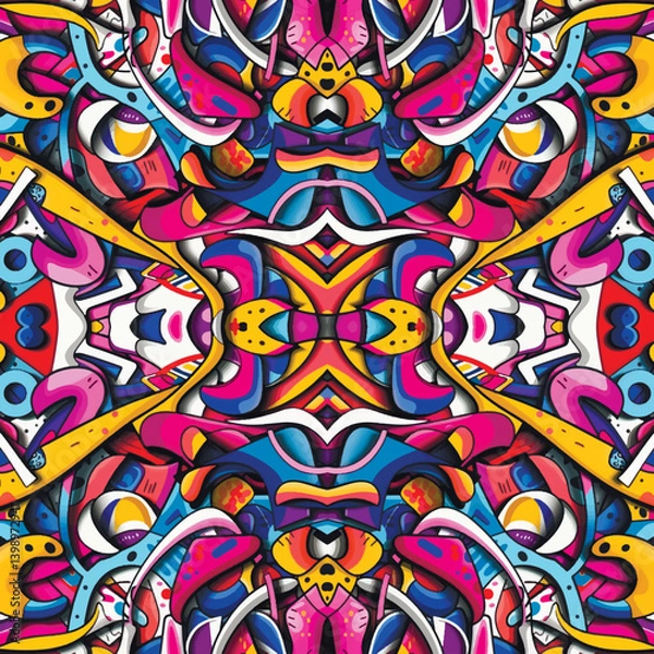 Obraz 3d abstract graffiti style seamless pattern with cartoonish elements, squiggles, doodles, bold shapes, vivid colors, and layered textures. Modern vector background with symmetrical street art design.