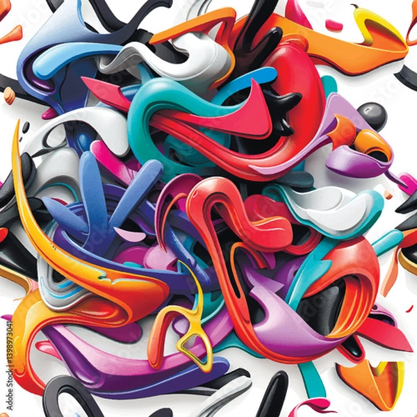 Obraz 3d dynamic abstract graffiti style seamless pattern with colorful doodles, squiggles, flowing forms, intertwined shapes. Bright modern repeat 3d background. Ideal for fabric, modern design, prints.