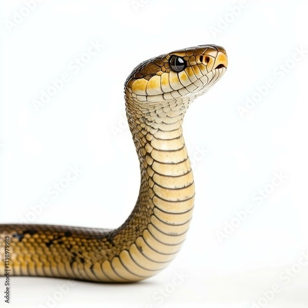 Obraz An intense and poised cobra stands ready to strike, showcasing its impressive hood against a clean white backdrop.