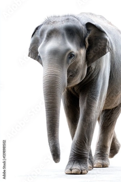 Fototapeta A dynamic view of an Asian elephant captured from the side, with a bright white background.