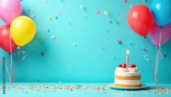 Fototapeta Colorful balloons and confetti against a bright blue background with birthday cake decorations, blue background, celebration