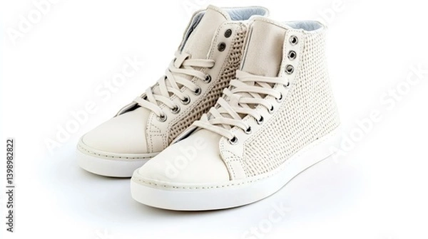 Fototapeta Neutral-toned skate shoes showing arch support details and fabric texture on white