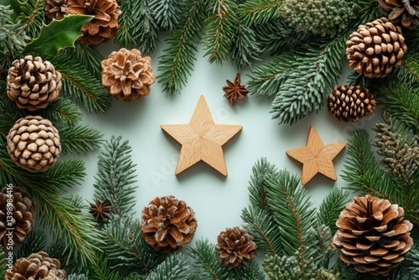 Obraz Christmas Decorations with Wooden Stars Pine Cones and Fir Branches on White Wooden Background