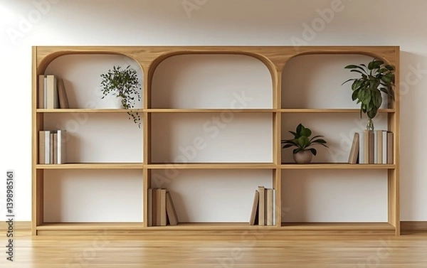 Fototapeta 3D rendering of a white empty wall mockup in a living room interior with a wooden bookcase and plants