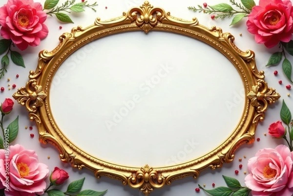 Fototapeta Ornate gold oval frame with floral design surrounding a royal invitation , gold, frame