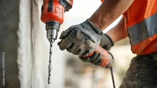 Fototapeta A Hispanic construction worker using a power drill at a construction site. Featuring precision and control
