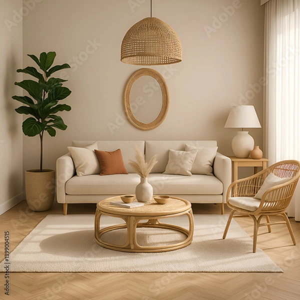 Fototapeta Modern Boho Living Room with Natural Light and Earthy Tones – 3D Render