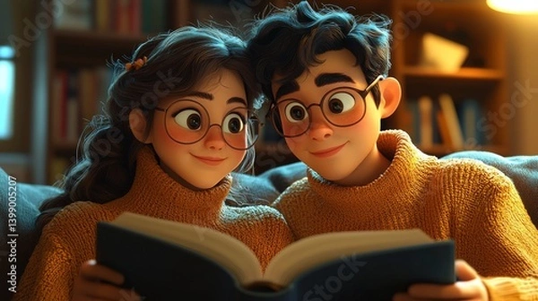 Fototapeta A charming animated couple smiles brightly as they read a book together, embodying joy, connection, and the warmth of shared moments, set in a cozy, inviting space.