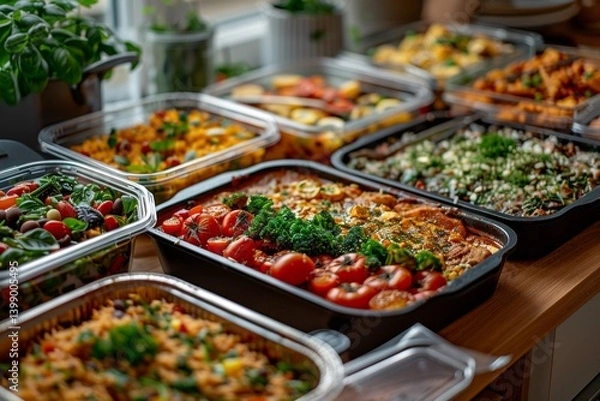 Fototapeta This tantalizing image features a beautifully arranged assortment of colorful gourmet dishes, showcasing a variety of fresh ingredients perfect for any gathering or feast.
