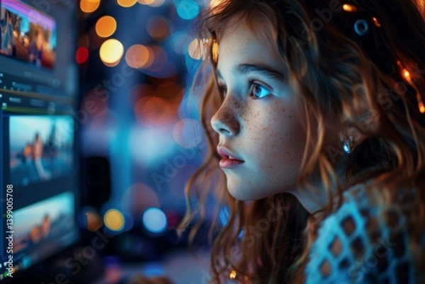 Fototapeta A young girl with curly hair is intensely focused on her computer screen, surrounded by colorful bokeh lights that create a dreamy and inspiring atmosphere for creativity.