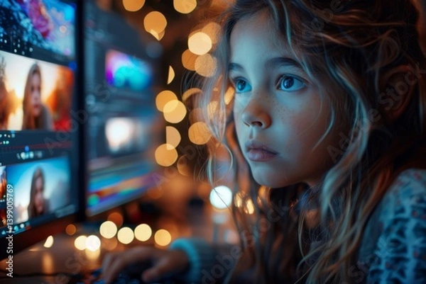 Fototapeta A young girl with beautiful hair and intense focus sits in front of a computer, immersed in a world of creativity and digital exploration against a backdrop of soft lights.