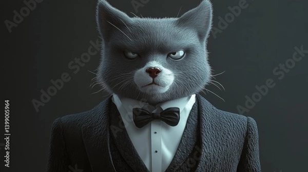 Fototapeta A sophisticated cat in a formal tuxedo and bowtie, exuding elegance and seriousness in a stylish portrait that balances whimsical charm with a touch of professionalism.