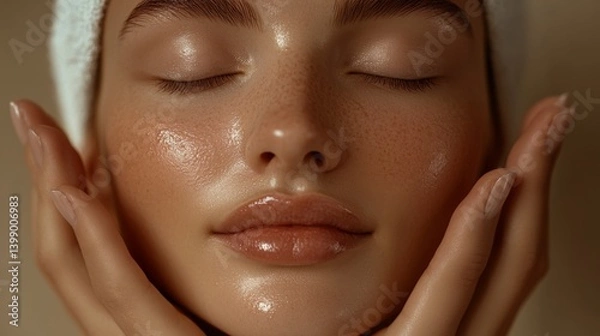 Fototapeta A close-up portrait highlighting pristine skin features, showcasing healthy, glowing complexion and a serene expression, emphasizing beauty and self-care in a modern skincare context.