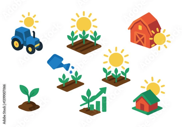 Fototapeta Isometric flat vector set of icons of farming and sun: tractor under sun, crops in rays, barn with sun, watering field, sunny weather for plants, plant growth chart, seedling icon, farm icon with sun