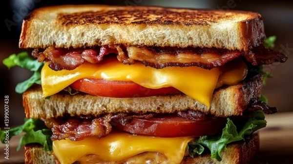 Fototapeta A tempting triple-decker bacon cheeseburger stacked high with melted cheese, crispy bacon, fresh tomatoes, and greens, nestled between toasted bread for maximum flavor.