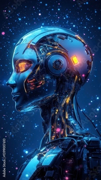 Fototapeta Futuristic robotic head with glowing features in space