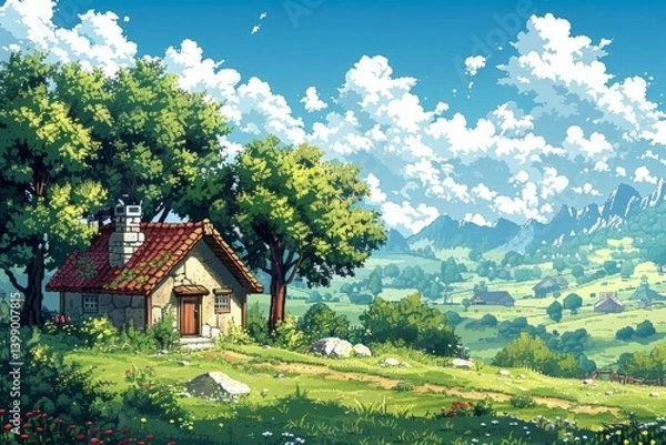 Fototapeta An animated image featuring a quaint cottage nestled among vibrant greenery and mountains, capturing the essence of fantasy and tranquility in a pastoral setting.