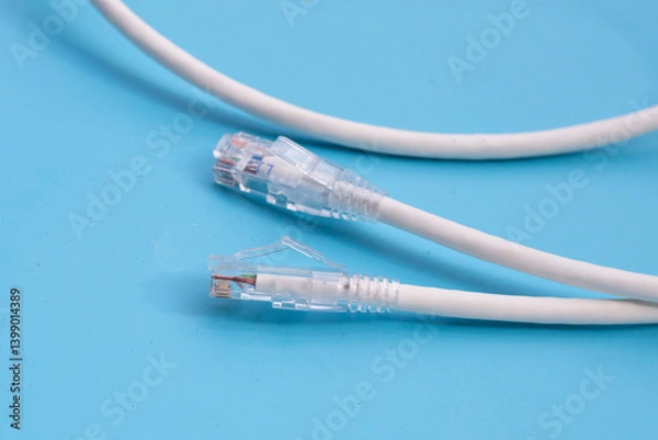 Fototapeta LAN network connection ethernet cables on blue background.