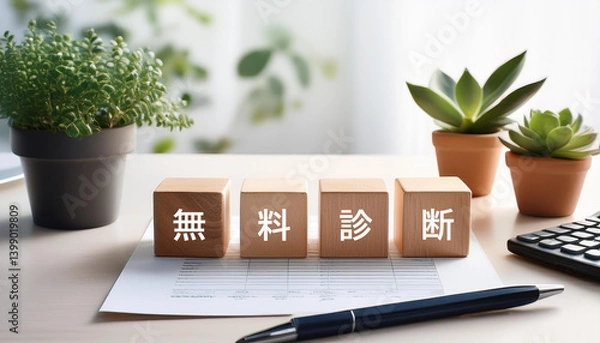 Obraz 日本語で無料診断の文字が入ったキューブブロックと観葉植物。AIで生成	