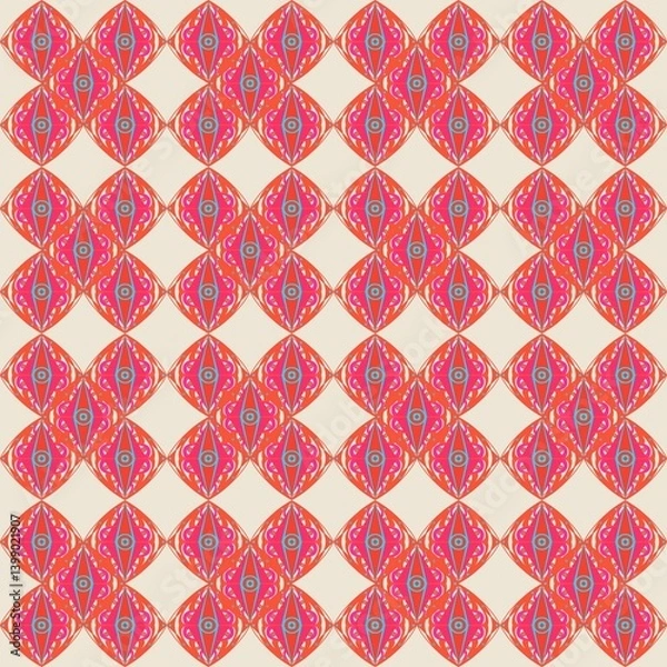 Fototapeta Diamond pattern. Seamless pink, orange, eyes pattern on soft background. Vintage background.