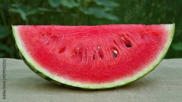 Fototapeta A juicy slice of red watermelon with black seeds, rests on a beige surface against a blurred green background.