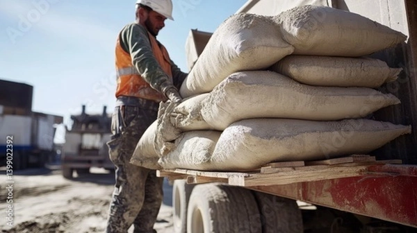 Fototapeta A construction site laborer unloading cement bags from a truck. Featuring strength and efficiency