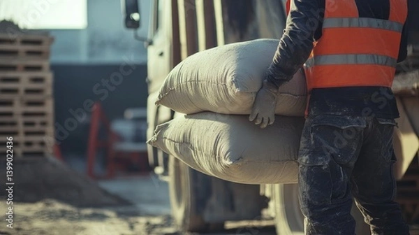 Fototapeta A construction site laborer unloading cement bags from a truck. Featuring strength and efficiency