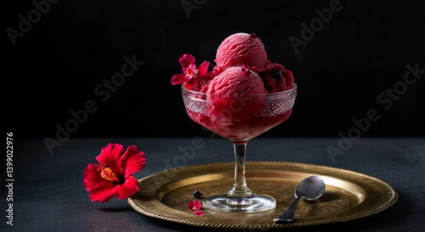 Obraz Refreshing raspberry sorbet in elegant glass bowl with hibiscus garnish on brass tray