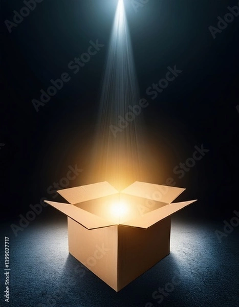 Obraz Mysterious glowing cardboard box under spotlight in dark room