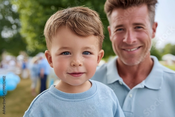 Fototapeta A loving father and his young son smile while enjoying a sunny day together at a cheerful community gathering