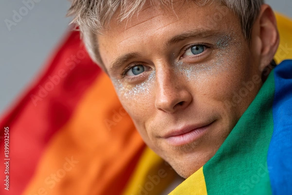Fototapeta Close-up portrait of a non-binary individual with glitter makeup, proudly wrapped in the rainbow flag