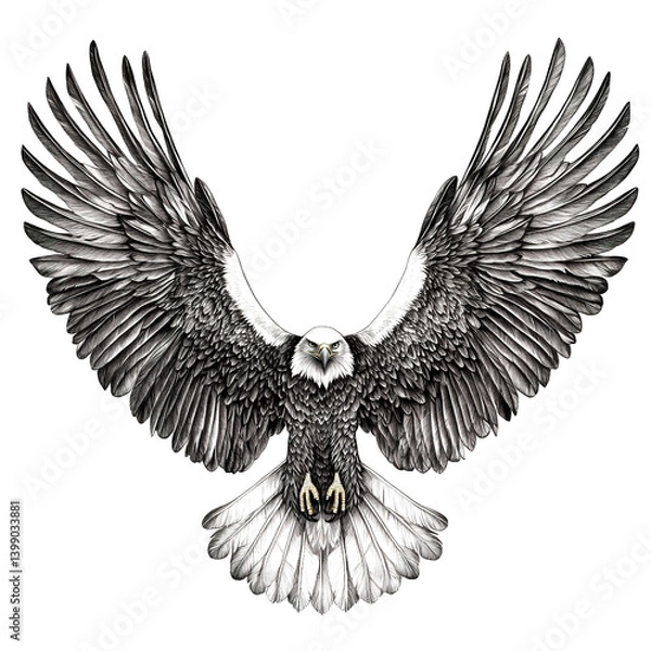 Obraz This is a detailed grayscale illustration depicting a bald eagle with its wings spread wide open.