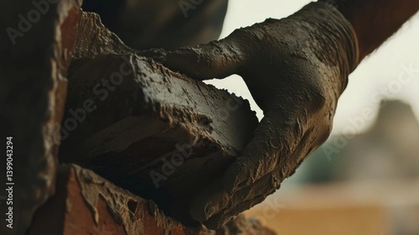 Fototapeta A Hispanic construction worker applying mortar to brick. Featuring skill and craftsmanship