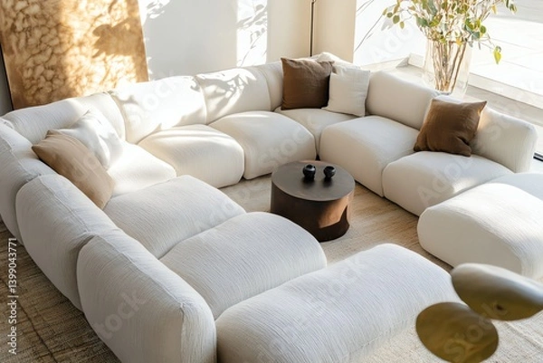 Fototapeta Stylish Modular Sofa with Pillows and Modern Table in Bright Interior