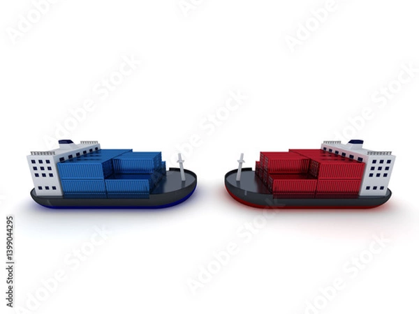 Fototapeta 3D Ship with Blue Containers vs Ship with Red Containers