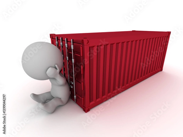 Fototapeta Upset 3D Character with a Red Shipping Container
