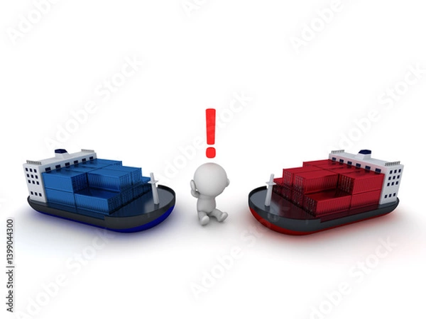 Fototapeta Upset 3D Character with Two Ships with Containers