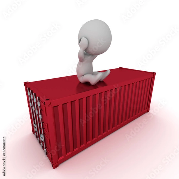 Fototapeta Upset 3D Character Sitting on a Red Shipping Container