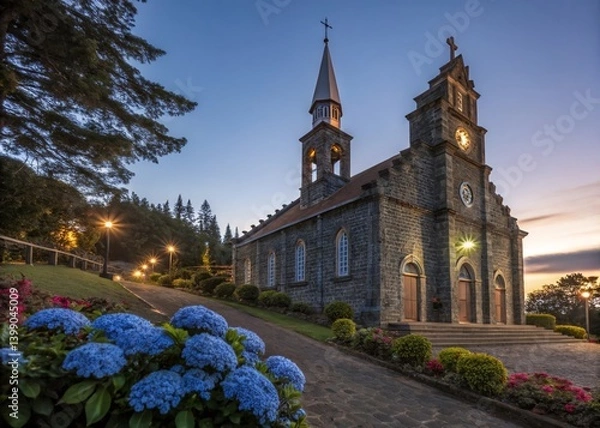 Obraz stone church with hydrangeas