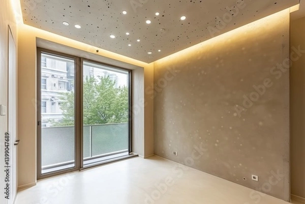 Obraz Sala de estar minimalista com paredes de concreto aparente, iluminação embutida no teto, janelas amplas com vista urbana e decoração neutra, IA generativa