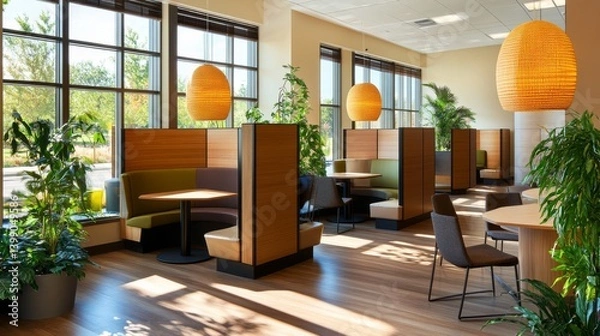 Obraz Modern Sunlit Workspace Featuring Private Booths, Greenery, and Mixed Material Surfaces for Balance and Productivity