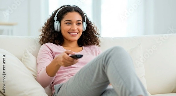 Obraz Smiling young woman with curly hair and headphones relaxing on a white couch with a remote control, enjoying entertainment at home.
